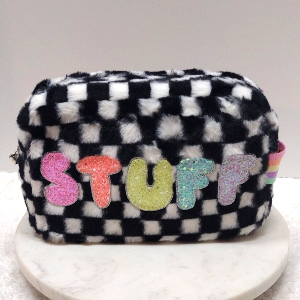 "Stuff" Black/White Checkered Faux Fur Makeup Cosmetic Bag